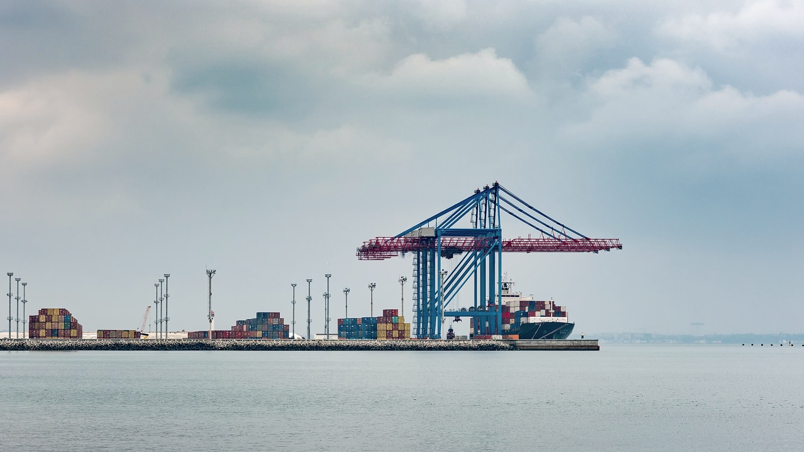 A container terminal under flat overcast light, gantry cranes working a berth across still water