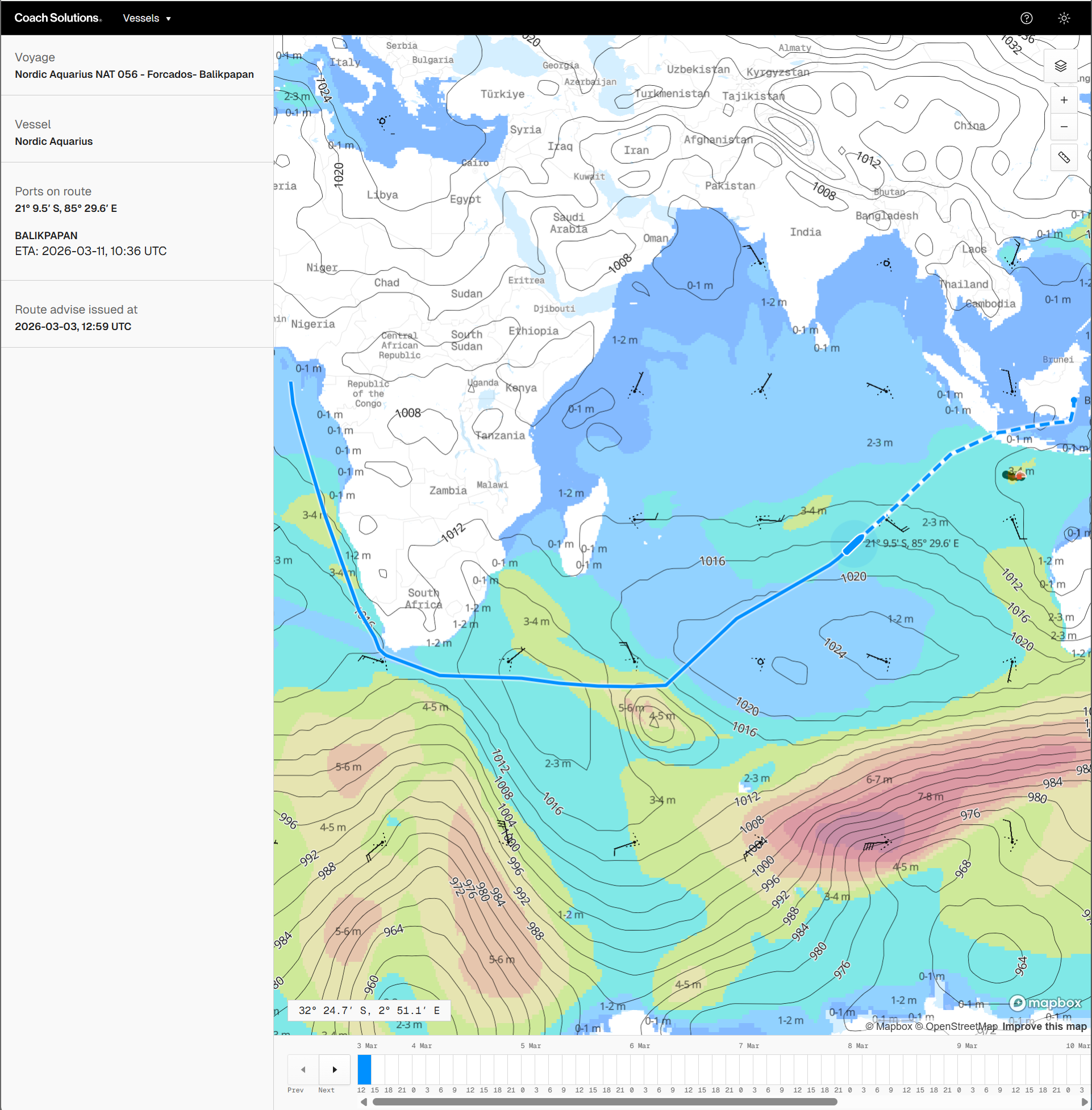 Weather Viewer showing voyage route with live weather overlay